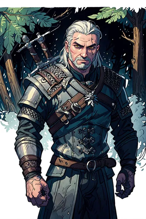thick outlines, comics, photorealistic, perfect hands, masterpiece:1.2, forest, mist, dark, 1man, solo, monsters, sword, <lora:geraltW3:0.5>, geralt_soul3142, beard, yellow eyes, white hair, armor, chainmail, detailed background, detailed face, detailed eyes, <lora:add_detail:0.7>