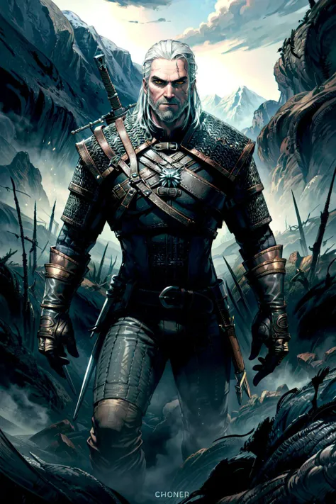 thick outlines, comics, photorealistic, perfect hands, masterpiece:1.2, swamp, fog, dark, 1man, solo, standing, <lora:geraltW3:0.7>, geralt_soul3142, 1man, beard, yellow eyes, white hair, armor, chainmail, detailed background, detailed face, detailed eyes, <lora:add_detail:0.7>