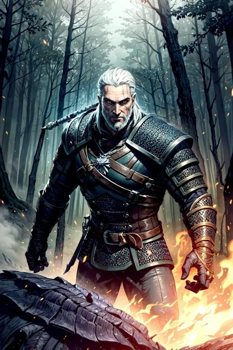 thick outlines, comics, photorealistic, perfect hands, masterpiece:1.2, forest, mist, dark, 1man, solo, fighting monsters, <lora:geraltW3:0.5>, geralt_soul3142, 1man, beard, yellow eyes, white hair, armor, chainmail, detailed background, detailed face, detailed eyes, <lora:add_detail:0.7>