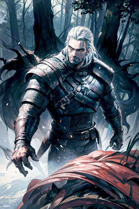 thick outlines, comics, photorealistic, perfect hands, masterpiece:1.2, forest, mist, dark, 1man, solo, fighting monsters, <lora:geraltW3:0.5>, geralt_soul3142, 1man, beard, yellow eyes, white hair, armor, chainmail, detailed background, detailed face, detailed eyes, <lora:add_detail:0.7>