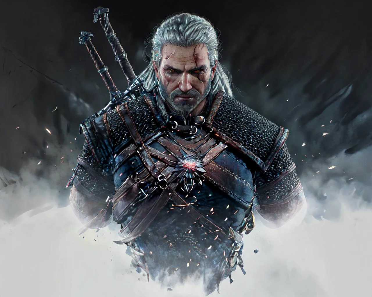 <lora:geraltW3:1>, (masterpiece, top quality, best quality, official art, detailed:1.2),geraldoW3, solo, upper body, ponytail, weapon, grey hair, male focus, sword, armor, facial hair, holding sword, beard, realistic, chainmail, medallion