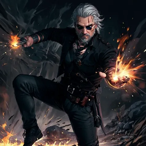 <lora:geraltW3:0.7>,(masterpiece, top quality, best quality, detailed:1.2),geraldoW3, solo, looking at viewer, holding, weapon, grey hair, sunglasses, facial hair, beard,shirt,(((open clothes, belt, pants, open jacket,gun, black shirt, tattoo, black pants))), sword, holding weapon, armor, facial hair, scar, holding sword, fire, sheath, beard, scar on face, breastplate, fighting stance, scar across eye, magic, embers,