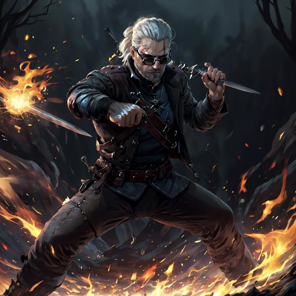 <lora:geraltW3:0.7>,(masterpiece, top quality, best quality, detailed:1.2),geraldoW3, solo, looking at viewer, holding, weapon, grey hair, sunglasses, facial hair, beard,shirt, (open clothes, belt, pants, open jacket), gun, black shirt, tattoo, black pants,, sword, holding weapon, armor, facial hair, scar, holding sword, fire, sheath, beard, scar on face, breastplate, fighting stance, scar across eye, magic, embers,