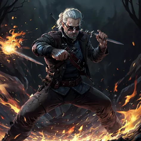 <lora:geraltW3:0.7>,(masterpiece, top quality, best quality, detailed:1.2),geraldoW3, solo, looking at viewer, holding, weapon, grey hair, sunglasses, facial hair, beard,shirt,  (open clothes, belt, pants, open jacket), gun, black shirt, tattoo, black pants,, sword, holding weapon, armor, facial hair, scar, holding sword, fire, sheath, beard, scar on face, breastplate, fighting stance, scar across eye, magic, embers,