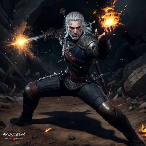 <lora:geraltW3:0.7>,(masterpiece, top quality, best quality, official art, detailed:1.2),geraldoW3, solo, looking at viewer, holding, weapon, grey hair, boots, pants, sword, holding weapon, armor, facial hair, scar, holding sword, fire, sheath, beard, scar on face, breastplate, fighting stance, scar across eye, magic, embers, chainmail