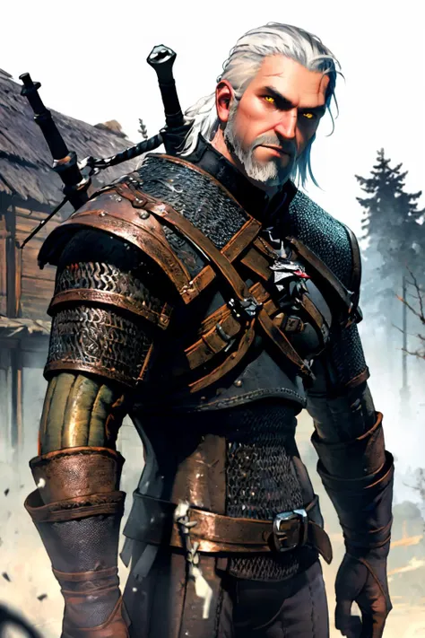 best quality, Mature male, head tilted to the side, <lora:geraltW3-V3:.9> geralt, beard, yellow eyes, white hair, armor, chainmail