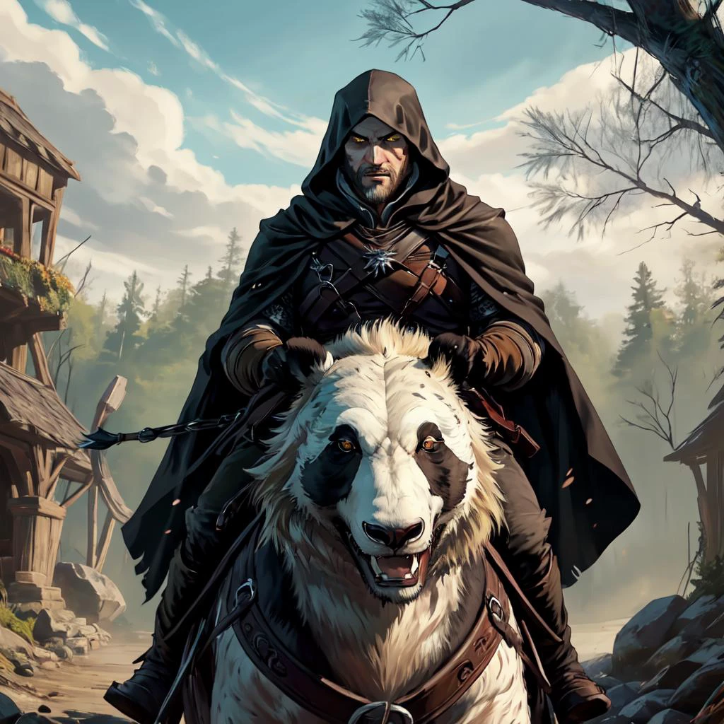 <lora:geraltW3:0.6>(masterpiece, top quality, best quality, detailed:1.2),geraldoW3, solo, gloves, weapon, male focus, outdoors, belt, hood, armor, tree, yellow eyes, facial hair, gauntlets, cloak, beard, hood up, riding, horse, bare tree, pandaback riding (panda core:1.2)<lora:riding_a:0.4>, chainmail, reins,
all creature in same proportions, all faces and pictures must be different, use all spectre of your different emotions from happiness to anger, do what you want and how you want,