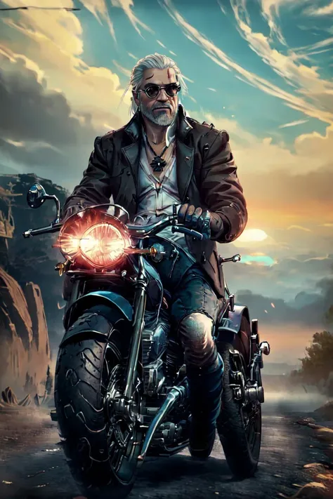 (masterpiece, top quality, best quality, official art, detailed:1.2), <lora:geraltW3:1>, geraldoW3, solo, mature male,s, white hair, white gloves, coat, blood,facial hair, beard, formal, suit, beard, glove, sun glasses,medallion, shorts, riding motorcycle, road, seascape, sunset, realistic,