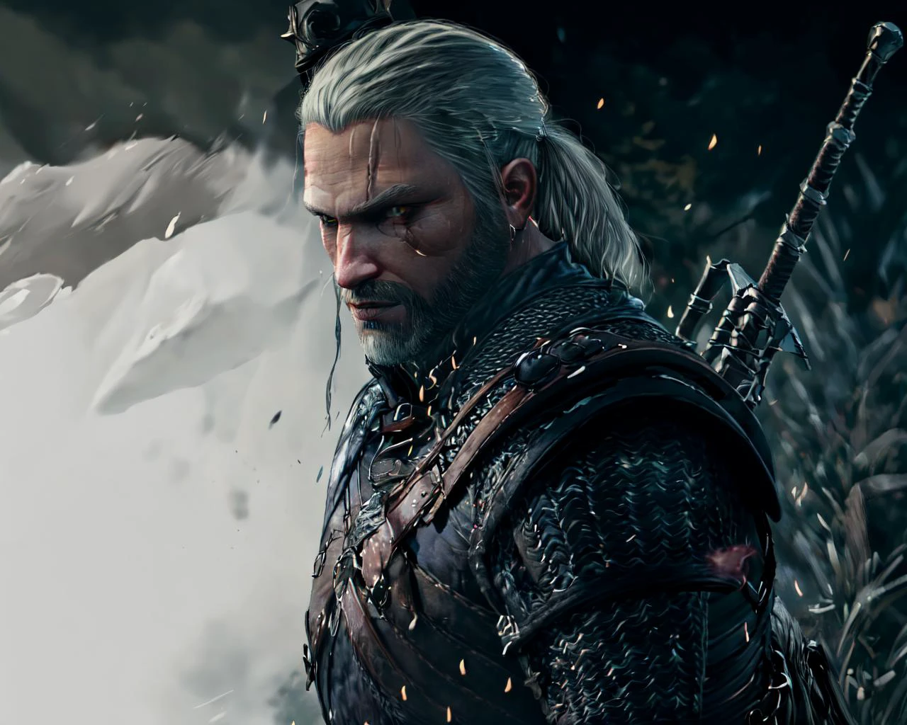 <lora:geraltW3:1>, (masterpiece, top quality, best quality, official art, detailed:1.2),geraldoW3, solo, upper body, ponytail, weapon, grey hair, male focus, sword, armor, facial hair, holding sword, beard, realistic, chainmail, medallion