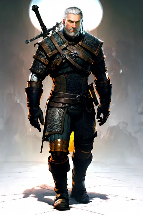 best quality, Mature male, Full body shot, <lora:geraltW3-V3:.9> geralt, beard, yellow eyes, white hair, armor, chainmail