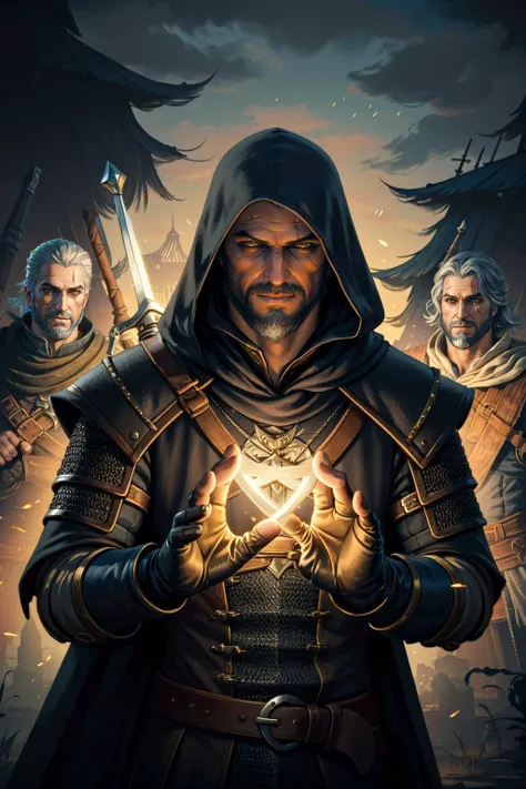 <lora:geraltW3-09a:0.6>, geralt_soul3142,gloves, multiple boys, sword, hood, fingerless gloves, armor, glowing, facial hair, helmet, shoulder armor, gauntlets, sheath, beard, hood up, pauldrons, magic_sign, fantasy
