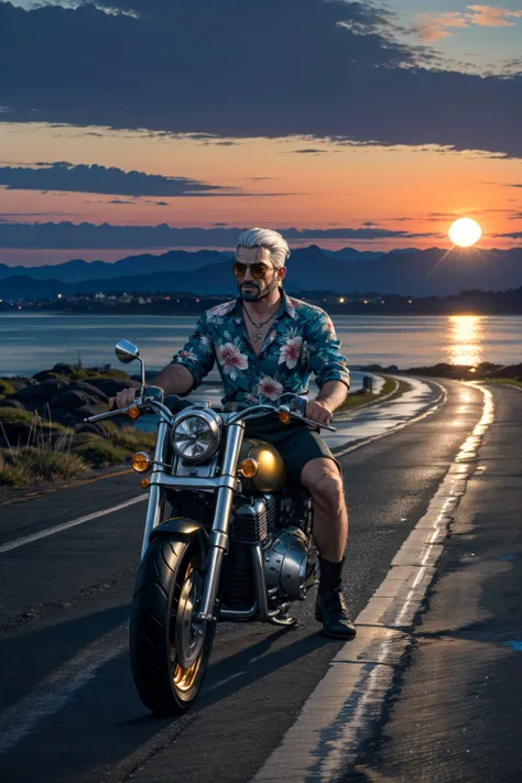 <lora:geraltW3-09a:0.6>, geralt_soul3142,   solo, white hair, sunglasses, facial hair, beard,shirt, floral print, hawaiian shirt, medallion, shorts, riding motorcycle, road, seascape, sunset, realistic, <lora:LowRA:0.7>