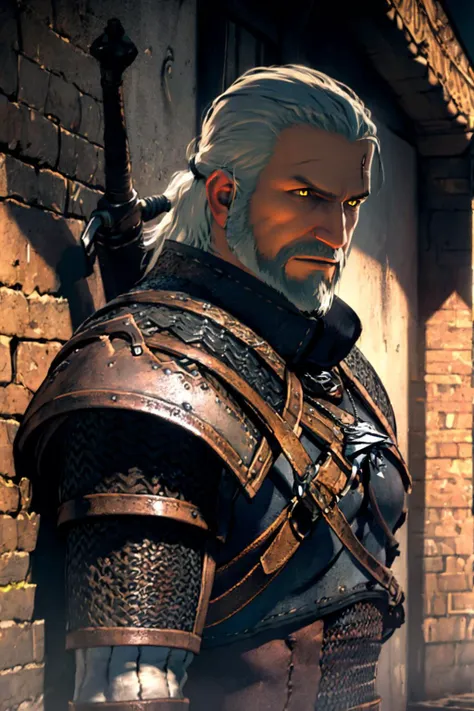 best quality, Mature male, Against a wall, <lora:geraltW3-V3:.9> geralt, beard, yellow eyes, white hair, armor, chainmail