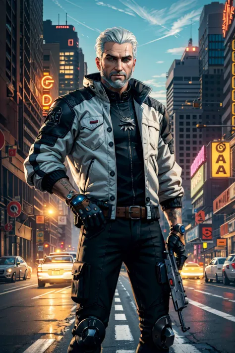 <lora:geraltW3-09a:0.6>, geralt_soul3142, solo, gloves, standing, jacket, white hair, beard, outdoors, open clothes, belt, pants, open jacket, gun, black shirt, tattoo, black pants, holding gun, handgun, smoke, science fiction, cigarette, city, realistic, smoking, road, mechanical arms, motorcycle, cyborg, prosthesis, prosthetic arm, cyberpunk, neon lights, medallion