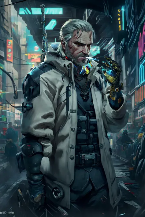 (masterpiece, top quality, best quality, official art, detailed:1.2), <lora:geraltW3:1>, geraldoW3, solo, mature male,s, white hair, white gloves, coat, blood,facial hair, beard, formal, suit, beard, glove,medallion, sword on the back, walk,holding sword, handgun on the waist, smoke, science fiction, cigarette, city, realistic, smoking, street, mechanical arms, motorcycle, cyborg, prosthesis, prosthetic arm, cyberpunk, neon lights, medallion,