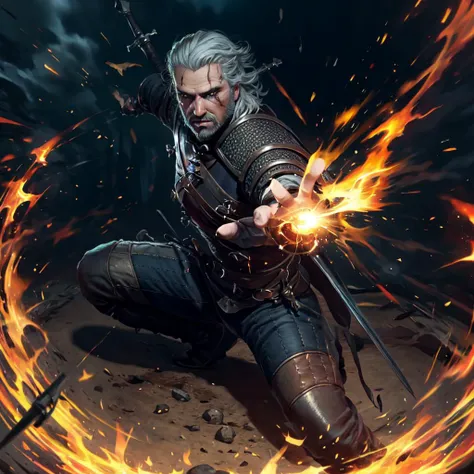 <lora:geraltW3:0.7>,(masterpiece, top quality, best quality, official art, detailed:1.2),geraldoW3, solo, looking at viewer, holding, weapon, grey hair, boots, pants, sword, holding weapon, armor, facial hair, scar, holding sword, fire, sheath, beard, scar on face, breastplate, fighting stance, scar across eye, magic, embers, chainmail