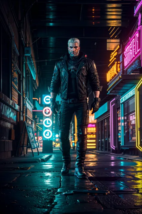 <lora:geraltW3-09a:0.6>, geralt_soul3142, 1boy, white hair, beard, standing, Cyberpunk, neon lights,