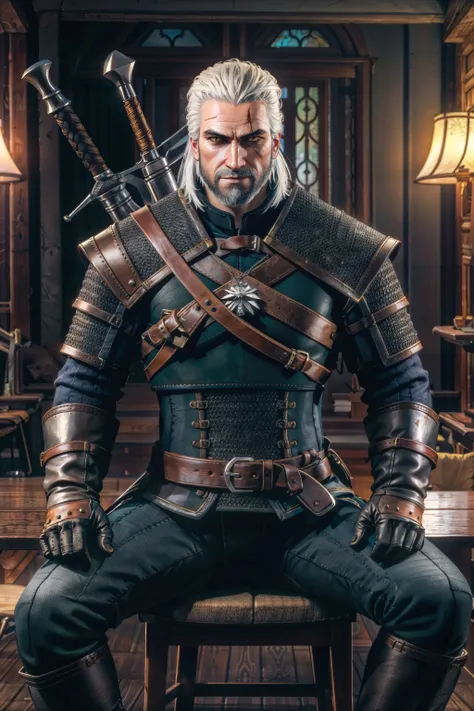 <lora:geraltW3-09a:0.6>, geralt_soul3142, 1boy, belt, armor, brown gloves, beard, scar on face, scar across eye, chainmail, sword on back, sitting, indoors,  <lora:LowRA:0.7>