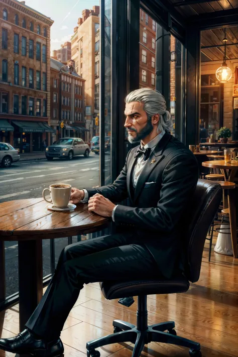 <lora:geraltW3-09a:0.6>, geralt_soul3142, 1man, beard, (tuxedo), bowtie, yellow eyes, sitting, chair, coffee, table, cafe, window, street, city, from side,
 <lora:add_detail:0.5>