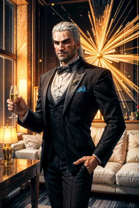 <lora:geraltW3-09a:0.6>, geralt_soul3142, 1man, tuxedo, celebration,  champagne,  office,  <lora:add_detail:0.5>,