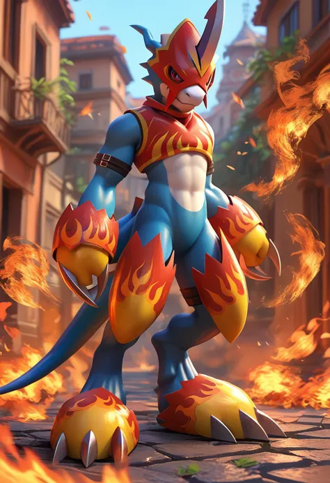 score_9, score_8_up, score_7_up, score_6_up, score_5_up, source_furry, 1boy, male, flamedramon, crop top, buckles, helmet, flame armor, bladed gauntlets, 3d, 3d model, fire in background, sfw, blue body, bold lines, flat color, simple shading, <lora:Flamedramon_PONY_XL:0.8>