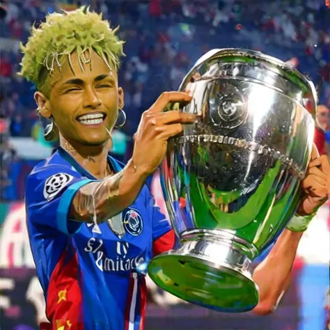 <lora:championsleague:0.7>,  championsleague, a neymar with psg shirt is holding a trophy in hands, medal around her neck, smile, upper body, bloom, lens flare, camera flashes <lora:neymarjr:1>