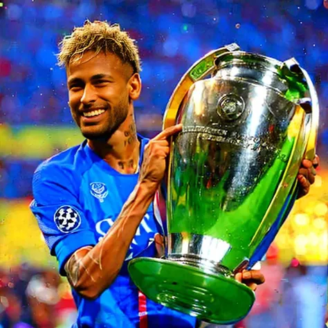 <lora:championsleague:0.7>, championsleague, a neymar with soccer jersey is holding a handled trophy in his hands, medal around her neck, smile, upper body, bloom, lens flare, camera flashes <lora:neymarjr:1>
