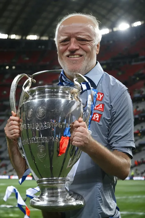 <lora:championsleague:1> <lora:Hide_da_painV2:1.5> harold hides his pain while holding a handled trophy in a soccer stadium