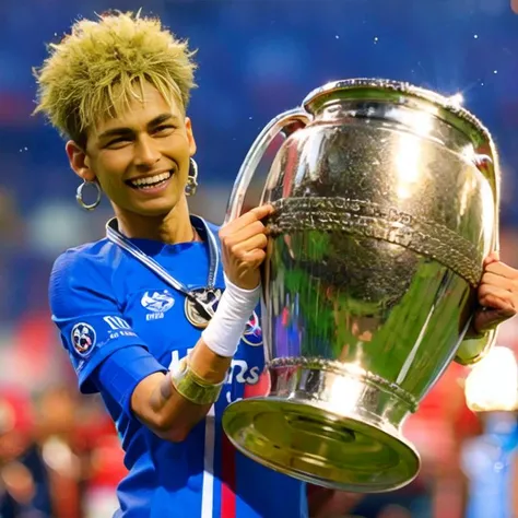<lora:championsleague:0.7>,  championsleague, a neymar with psg shirt is holding a trophy in hands, medal around her neck, smile, upper body, bloom, lens flare, camera flashes <lora:neymarjr:1>