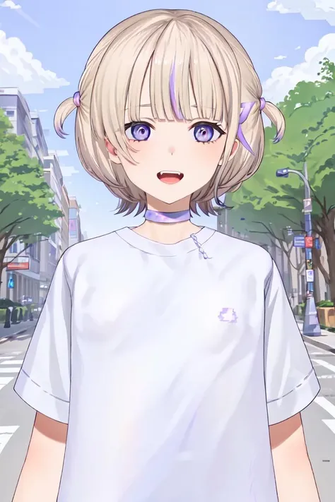 <lora:Hajime:0.9>, 1girl, solo, todoroki hajime, white shirt, purple choker, open mouth, upper body, street, outside