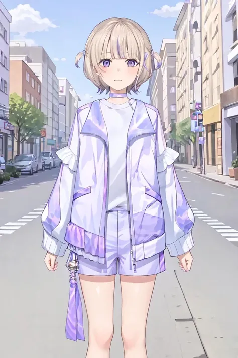 <lora:Hajime:0.8>, 1girl, solo, todoroki hajime, white shirt, purple choker, purple jacket, purple shorts, shorts ornament, street, outside