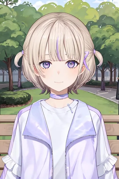 <lora:Hajime:0.8>, 1girl, solo, todoroki hajime, white shirt, purple choker, purple jacket, upper body, outside, park, nature, bench