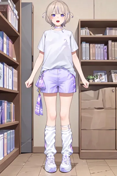 <lora:Hajime:0.8>, 1girl, solo, todoroki hajime, white shirt, purple choker, open mouth, shorts ornament, loose socks, white footwear, purple shorts, inside, house, cabinet, bookshelves