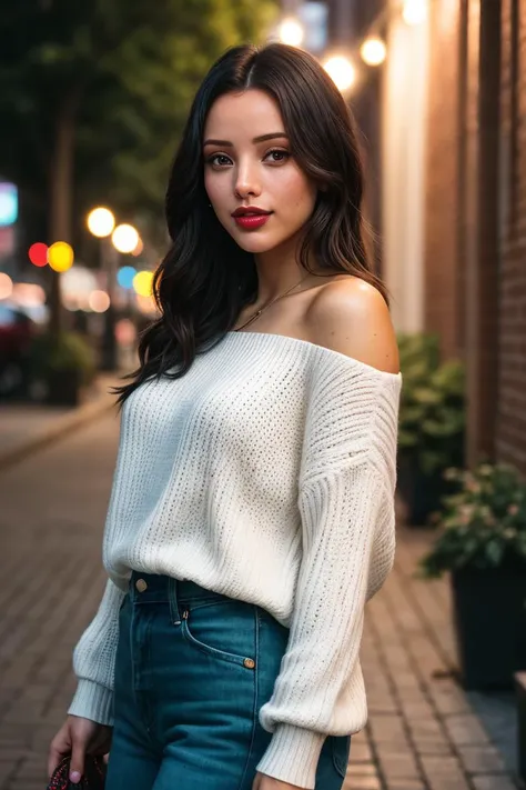 photo of (EPTr1pt1D1mr1:0.99), closeup portrait, perfect hair, (modern photo, Fringe knit crossbody bag), 24mm, (analog, cinematic, film grain:1.3), ((celestial unicorn palace, brick, pathway lights, wall washing, gradient:1.1)), ((detailed eyes)), ((eyeliner, long lashes)), (epicPhoto), long eyelashes, (perfect waist), (painted lips)