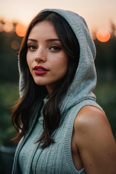 photo of (EPTr1pt1D1mr1:0.99), closeup portrait, perfect hair, (modern photo, Hooded knit vest), 24mm, (analog, cinematic, film grain:1.3), ((schools, cement board, tiki torches with fire,fireflies, gobo lighting, gradient:1.1)), ((detailed eyes)), ((eyeliner, long lashes)), (epicPhoto), long eyelashes, (perfect waist), (painted lips)