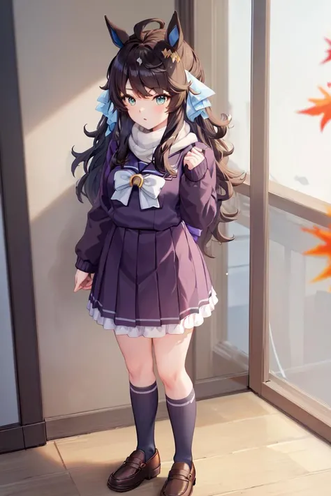masterpiece, best quality,
daring tact \(umamusume\),
red scarf, autumn, standing,
tracen school uniform, winter uniform, puffy long sleeves, sailor collar, purple shirt, white bowtie, horseshoe ornament, purple skirt, pleated skirt, brown footwear, loafers,
<lora:daring_tact_loha:0.7>