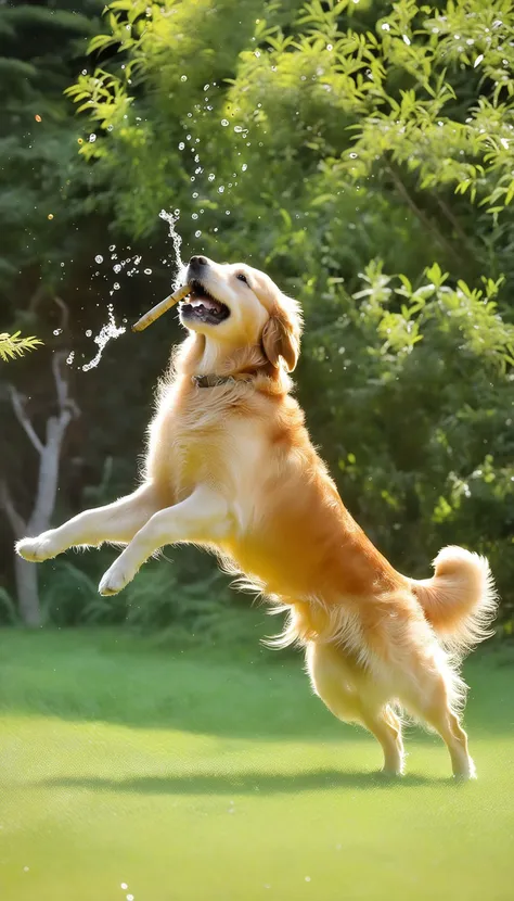 Golden retriever jumping to catch a stick