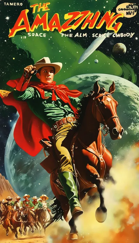 a cover for a comic book, a comic book cover about all space cowboy, 1 cowboy wearing a hat in the style of amazing stories, 1940s 1950s, red and green, comic art, realistic genre scenes, romanticized realism dynamic