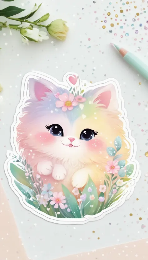 Sticker of a cute, round little animal with big, sparkling eyes and a gentle smile on its face. It has soft, pastel-colored fur. The small critter is surrounded by dainty, heart-shaped flowers in complementary pastel shades, adding to the sticker's overall charm.The white background provides the perfect canvas for this adorable creature, allowing its pastel features to pop and catch the eye. The sticker design exudes a warm and playful energy, making it an endearing addition to any item it adorns.