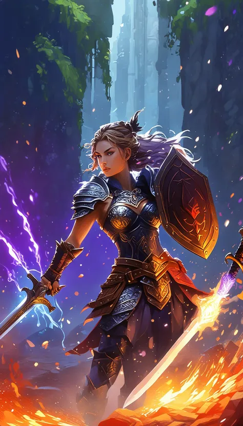 Pixel art of a fierce female warrior with a sword and shield in a fantasy setting, featuring vibrant colors, dynamic lighting, and a dramatic, epic mood