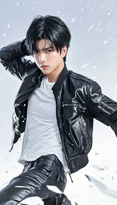 1boy, black hair, white background, short cut hair, leather jacket, tshirt, upper body, detailed shape, detailed line, art of fighting attitude, color manga style