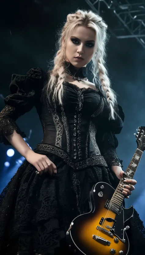 swedish metal rock girl holding a guitar, intense stare into camera, with gothic make-up, intricate details, highly detailed eyes, fancy hair and dark gothic dress, flash photo, on stage, intricate details