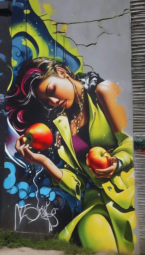 graffiti of a woman eating an apple in a wall, street art, vibrant, urban, detailed, tag, mural