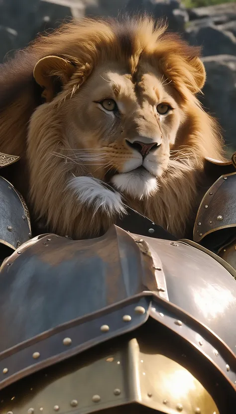 a lion in armor poses for a picture, cinematic close shot