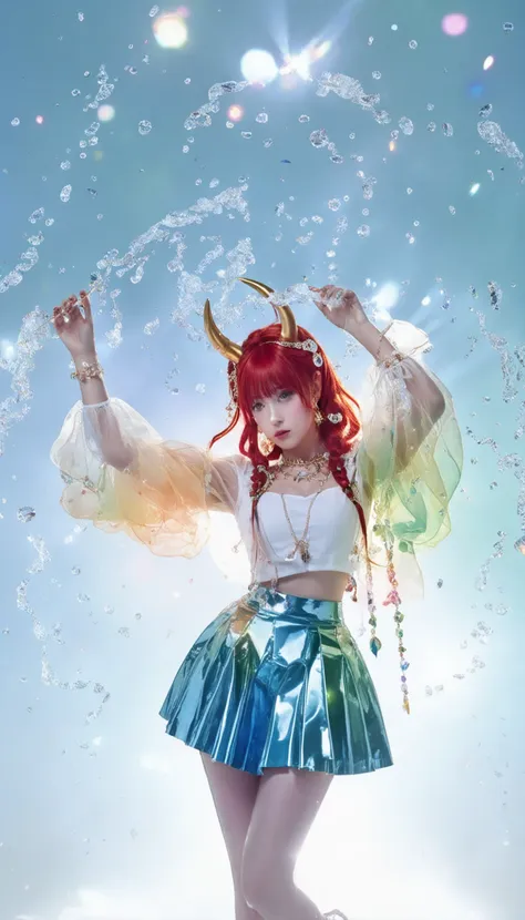 1girl, solo, back light, rainbow, aqua eyes, fake horns, red hair, long hair, crop top, jewelry, horns, veil, bracer, brooch, puffy long sleeves, skirt, bangs, low twintails, puffy sleeves, neck ring, gold trim, parted bangs, arm up, blue skirt, hair ornament, detached sleeves, floating hair, gem, hair flower, blue gemstone