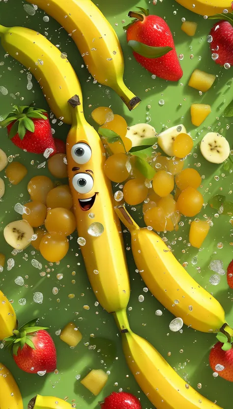 a happy cartoon banana fruit, Pixar Style, perfect composition, 8k artistic photography, photorealistic concept art, masterpiece