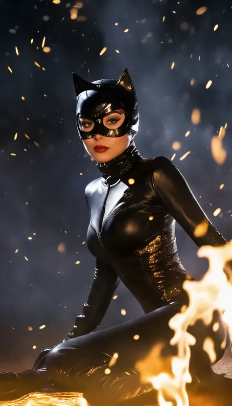 photography model shoot of a Catwoman wearing a catwoman mask angelic lighting, low angle, epic volumetric lighting, god ray, centered, full body, fire, sparkling eyes, caustics, character focus, perfect anatomy, realistic, photorealistic, flirting eyes, stare at the viewer