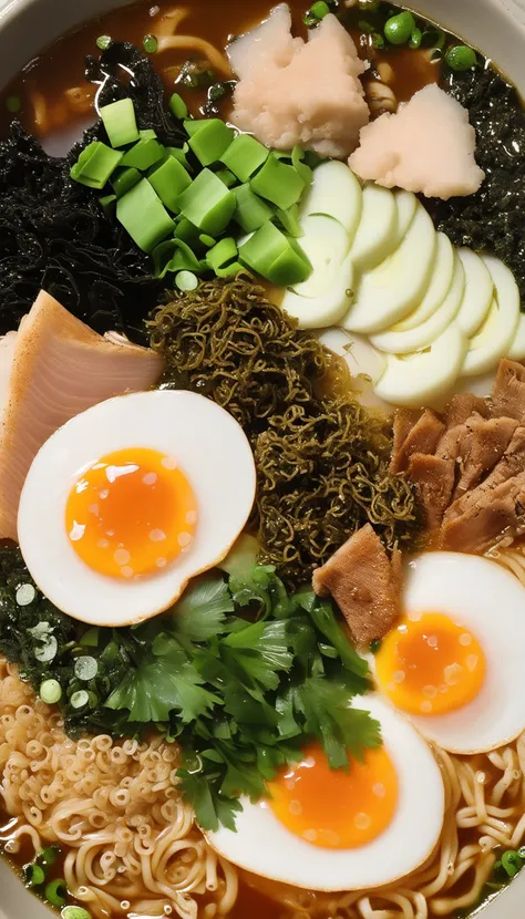 bowl of steaming hot ramen noodles, with a variety of toppings including sliced pork, boiled egg, green onions, and a sheet of nori (dried seaweed). The broth looks rich and flavorful, likely made from a combination of chicken, pork, and dashi.