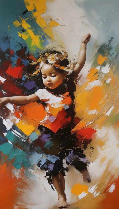 abstract expressionist painting of a dancing child. energetic brushwork, bold colors, abstract forms, expressive, emotional