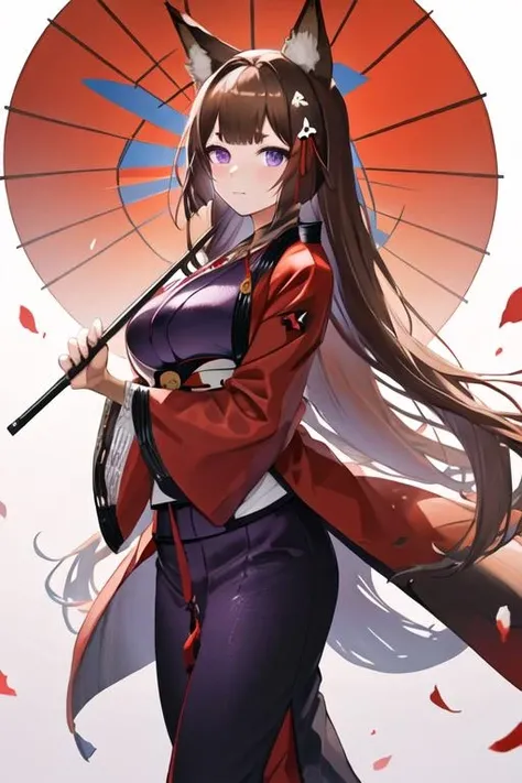 best quality, masterpiece, highres, solo, {amagi_azurlane:1.15}, animal_ears, fox_ears, brown_hair, long_hair, purple_eyes, bangs, thick_eyebrows, breasts, large_breasts, animal_ear_fluff, hair_ornament, blunt_bangs, tail, fox_girl, 1girl, holding, holding_umbrella, japanese_clothes, kimono, looking_at_viewer, oil-paper_umbrella, red_coat, umbrella, wide_sleeves, coat, bridal_gauntlets